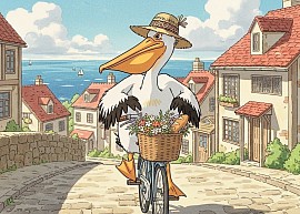 pelican riding a bicycle Ghibli style
